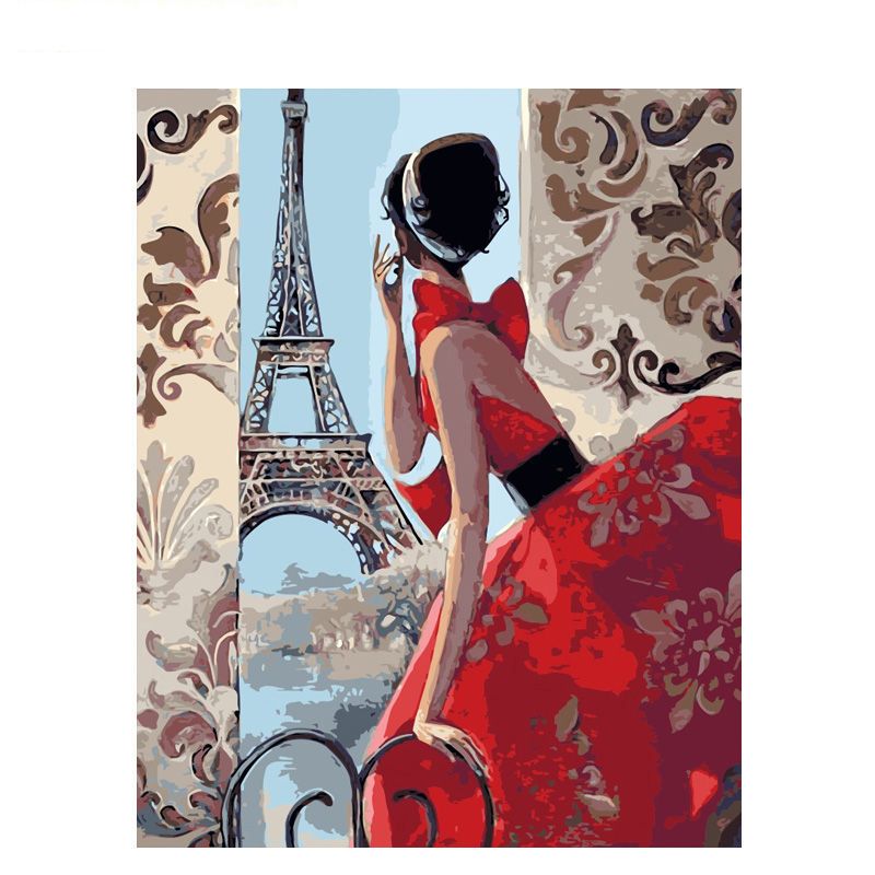 ABEUTY Malen Nach Zahlen Set – „Rotes Kleid Frau Straße“, 40x50 Cm, Inkl. Leinwand, Farben & Pinsel